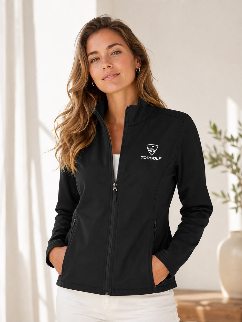 TopGolf HPI Direct Women’s Black Soft Shell Full Zip Jacket White embroider logo